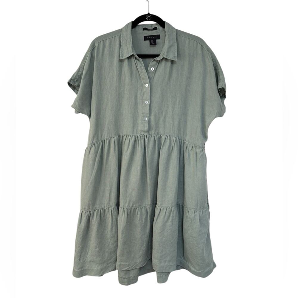 Tahari 100% Linen Popover Tiered Shirt Dress in Light Green - Size M